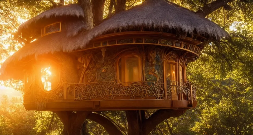 Prompt: An incredibly beautiful scene from a 2022 Marvel film featuring a cozy art nouveau reading nook inside a fantasy treehouse. Golden Hour. 8K UHD.