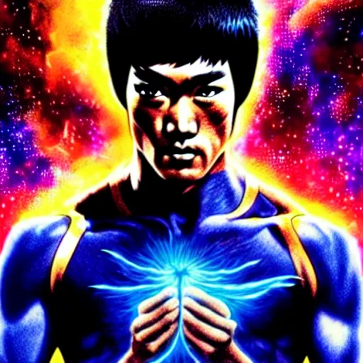 Image similar to bruce lee becoming empowered with the gift of fire, scifi, nebula reflections, futuristic background, dreamy, long white hair, blue android eyes, glowing, 8 k high definition, insanely detailed, intricate, innocent, art by akihiko yoshida, antilous chao, li zixin, woo kim