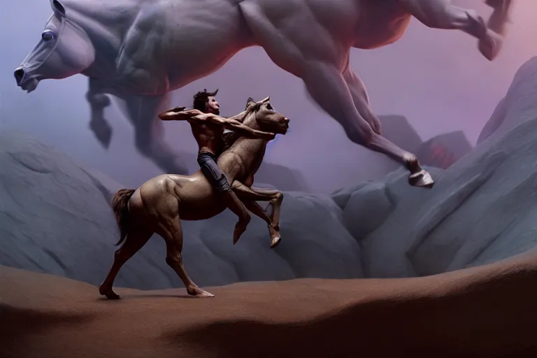 Image similar to a cinematic shot of a centaur centaur centaur, chimera, tom cruise torso, majestic matte painting, by Beeple, Gustave Dore, Artstation, CGsociety, Tom Cruise, masterpiece