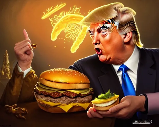 Image similar to donald trump licking a cheeseburger, deep focus, fantasy, intricate, highly detailed, digital painting, artstation, concept art, matte, sharp focus, illustration, hearthstone, art by artgerm and greg rutkowski and alphonse mucha