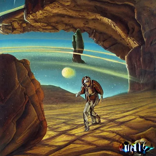 Prompt: A fresco painting of a nomadic wanderer traversing a corrupted futuristic crystal desert by Jacek Yurka, Kelly Freas