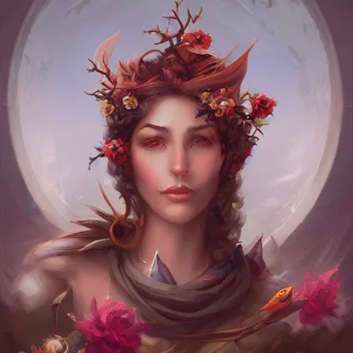 Image similar to birds and flowers, beautiful, dnd character art portrait, matte fantasy painting, deviantart artstation, by jason felix by steve argyle by tyler jacobson by peter mohrbacher, cinematic