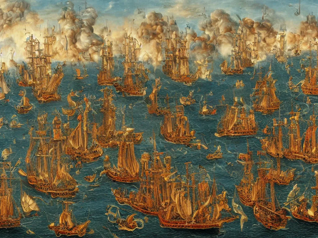 Image similar to An oil painting of a medieval naval battle, highly detailed, intricate, 4k, masterpiece