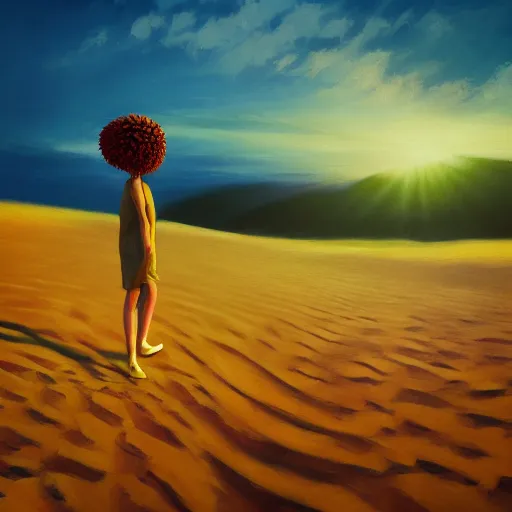 Prompt: closeup giant dahlia flower head, a girl walking between dunes, surreal photography, sunrise, blue sky, dramatic light, impressionist painting, digital painting, artstation, simon stalenhag