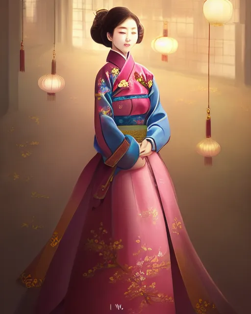 Prompt: A beautiful, young, elegant girl in Chinese hanbok, gorgeous atmosphere, full of details, matte painting, concept art, smooth, by Ina Wong and wlop ，trending on cgsociety and artstation，8kHDR，light effect，