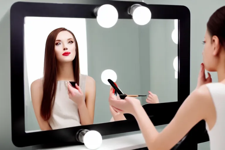 Image similar to beautiful female android, putting on makeup in front of a mirror, bathroom environment