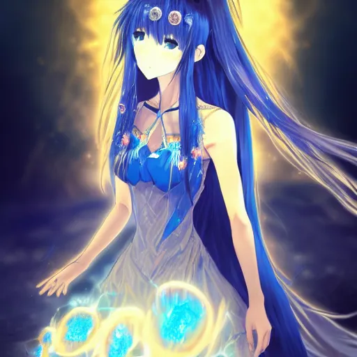 Image similar to a teenage anime girl wearing a very high intricate detailed dress made out of blue fire , full body, very long black/red hair, left eye is yellow and right eye is blue, heterochromatic eyes, intense stare, dress made out of blue fire, cinematic lighting, medium shot, MCU, trending on artstation, CSP, Photoshop, WLOP, Rossdraws, James Jean, Andrei Riabovitchev, Marc Simonetti, Anastasia Ovchinnikova, Véronique Meignaud, BEN MAIER and Sakimichan