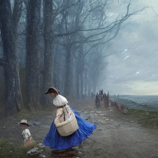 Image similar to hell, with real demons and little girls wearing a blue and white fishing hats by Greg Rutkowski, tonalism, extremely detailed, UHD, correct faces, real hellscape in background, hyperrealistic hell