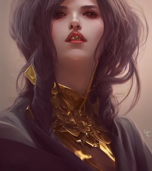 Image similar to a vampire girl wearing a golden dress, grey hair, red necktie, cinematic, stunning, highly detailed, digital painting, artstation, smooth, hard focus, full body shot, illustration, art by artgerm and greg rutkowski and alphonse mucha