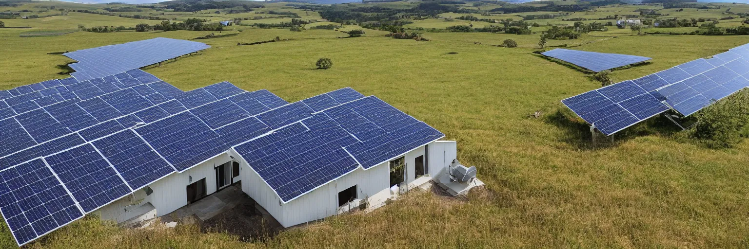 Image similar to a small home nestled on farmland with solar panels and a wind turbine