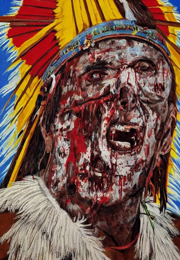 Image similar to close up portrait of zombie Pope Francis wearing a Native American Indian Feathered Headdress War Bonnet, dead redemption, by Dan Colen