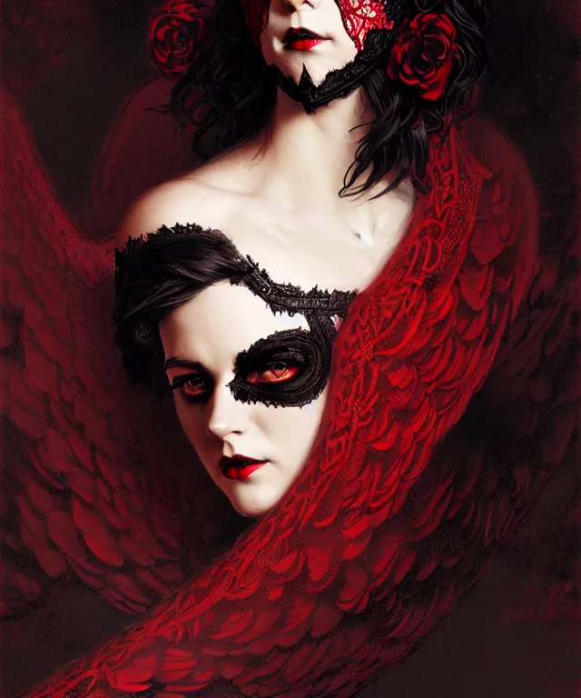 Prompt: a dark angel with black wings spread wide and victorian style clothing, with a dark red lace face mask, beautiful face, cinematic lighting, low key contrast, detailed, hyperrealistic, character concept art by tolkien and greg rutkowski