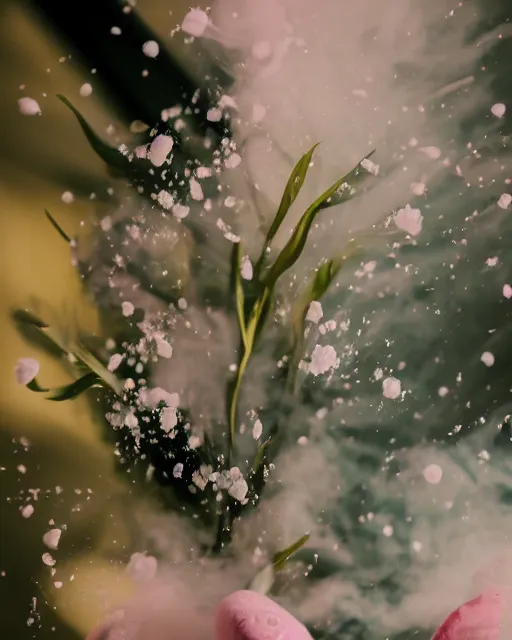 Prompt: lush and detailed, highly beautiful aesthetic award-winning ikebana flower arrangement, blossoms spontaneously shattering and breaking with powder, spray and colored smoke, sigma 35mm f/4