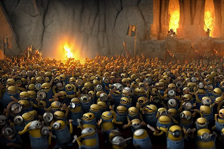 Image similar to diorama of minions fighting orcs in the battle of helm's deep, giant castle walls, realistic, 4 k, detailed, atmospheric, cinematic lighting, octane render, unreal engine render, ray tracing lighting