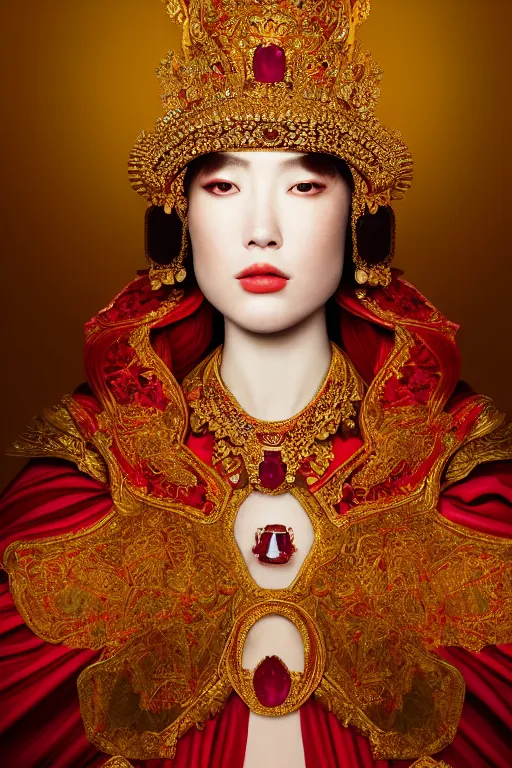 Image similar to a singular beautiful empress portrait, with a brilliant, impossible striking shiny big ruby headpiece, symmetrical, reflective surface, ruby clothes, rococo, baroque, jewels, asian, realistic, studio lighting, closeup, D&D, fantasy, intricate, elegant, highly detailed, digital painting, artstation, octane render, 8k, concept art, matte, sharp focus, illustration, art by Artgerm and Greg Rutkowski and Alphonse Mucha