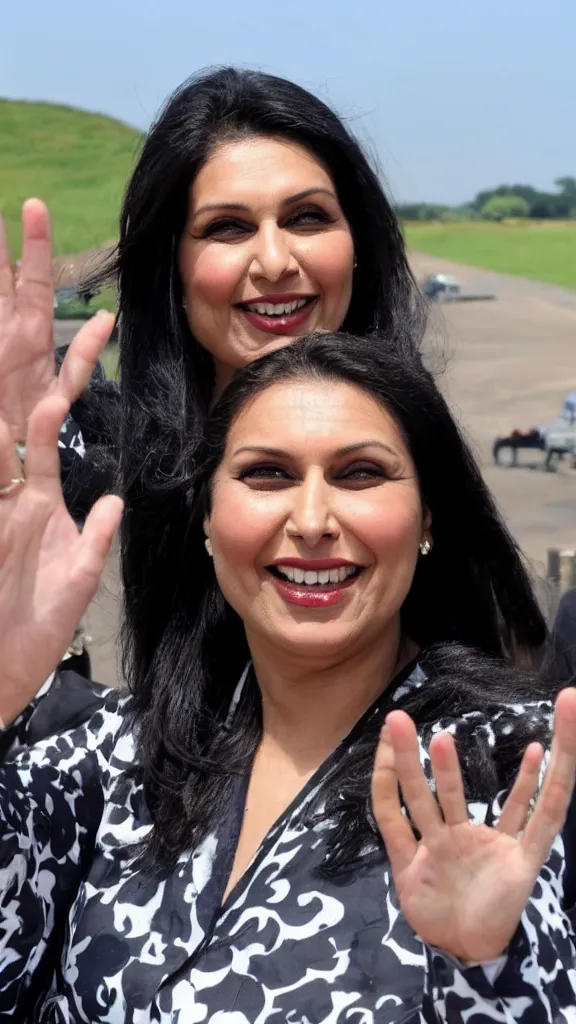 Prompt: priti patel waving at an aeroplane headed to rwanda