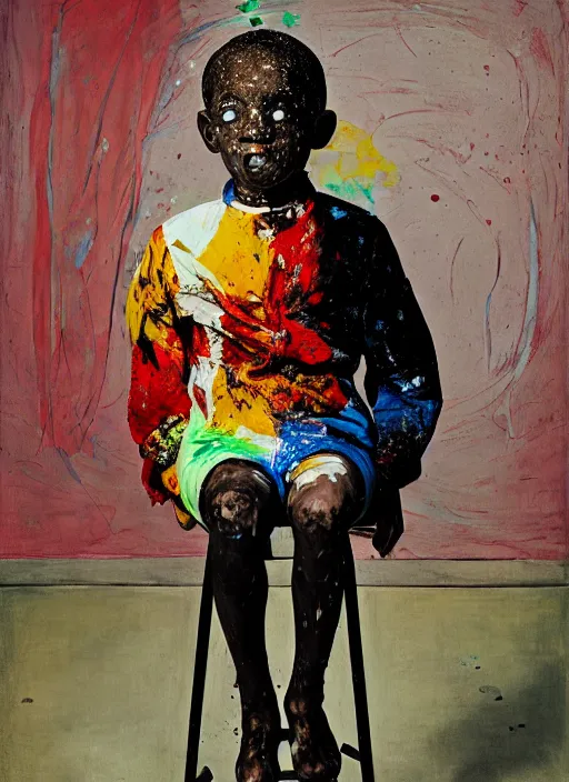 Image similar to portrait of a child harlequin sitting on a stool, by vincent lefevre and hernan bas and pat steir and hilma af klint, psychological, photorealistic, symmetrical face, dripping paint, washy brush, threads, rendered in octane, altermodern, masterpiece