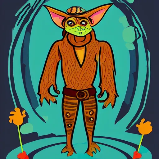 Image similar to full body portrait of a goblin, cartoon, illustration, comic, vector art, boho style