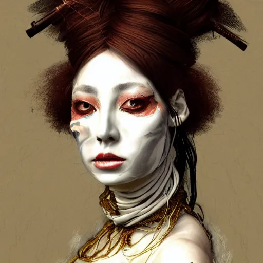 Image similar to portrait of a Shibari rope wrapped face and neck, headshot, insanely nice professional hair style, dramatic hair color, digital painting, of a old 15th century, zulu warrior, amber jewels, baroque, ornate clothing, scifi, realistic, hyperdetailed, chiaroscuro, concept art, art by Franz Hals and Jon Foster and Ayami Kojima and Amano and Karol Bak,