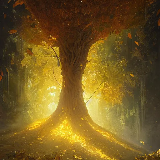 Prompt: tree with golden glowing leaves that grows from the ceiling of an underground cave, oil painting, by greg rutkowski