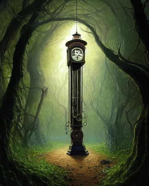 Image similar to highly detailed surreal vfx portrait of a cursed grandfather clock in a shadowy forest by a willow tree, stephen bliss, unreal engine, greg rutkowski, loish, rhads, beeple, makoto shinkai and lois van baarle, ilya kuvshinov, rossdraws, tom bagshaw, alphonse mucha, global illumination, detailed and intricate environment