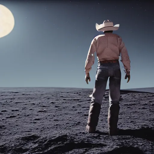 Image similar to cowboy standing on the moon, planet earth in the sky, photorealistic, octane render, blender render, unreal engine, 3 5 mm
