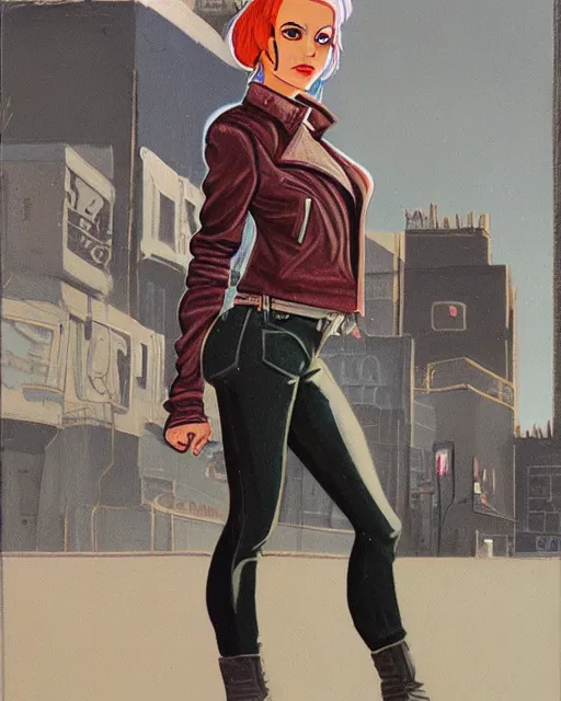 Image similar to young female protagonist in leather jacket, city street, artwork by ralph bakshi