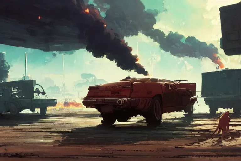 Image similar to 2 0 0 1 space odyssy diesepunk volvo wagon mad max speeding through a burning fuel depot chase gunfire by greg rutkowski makoto shinkai takashi takeuchi studio ghibli, akihiko yoshida