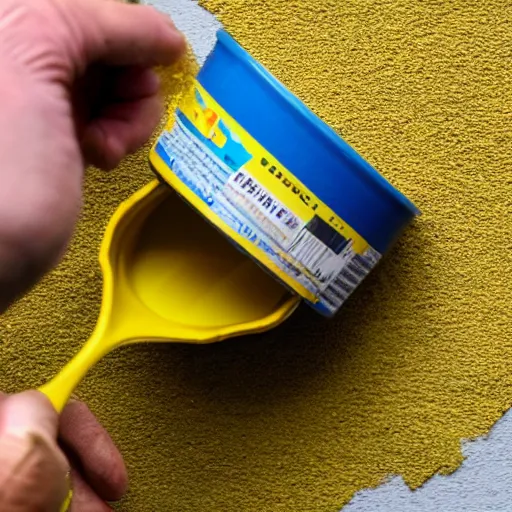 Image similar to pulling a brick out of the top of an open tin of bright yellow paint