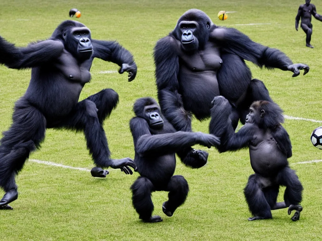 Image similar to a gorilla kicking a ball towards the rival goal, vivid