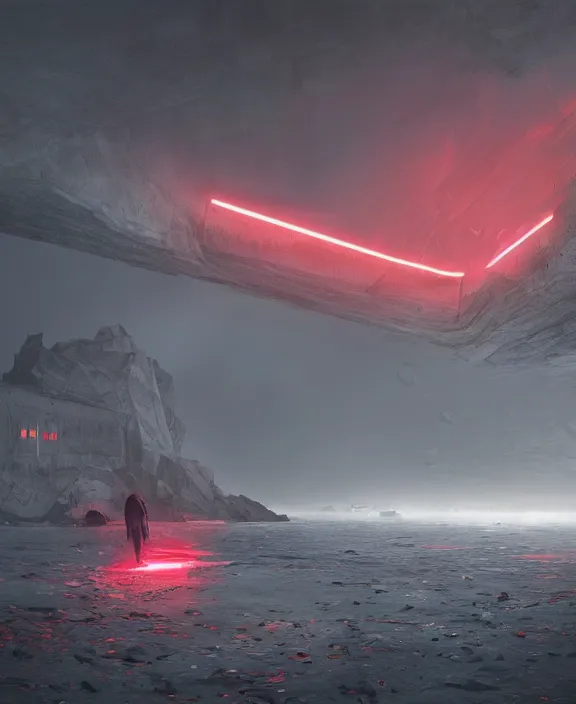 Image similar to surreal romantic prometheus horizontal white exploration base, red laser, building architecture by ruan jia, futuristic, blame, white architecture in the beach in iceland, foggy, highly detailed, digital painting, arstation, concept art, hyperealistic octane render, unreal engine