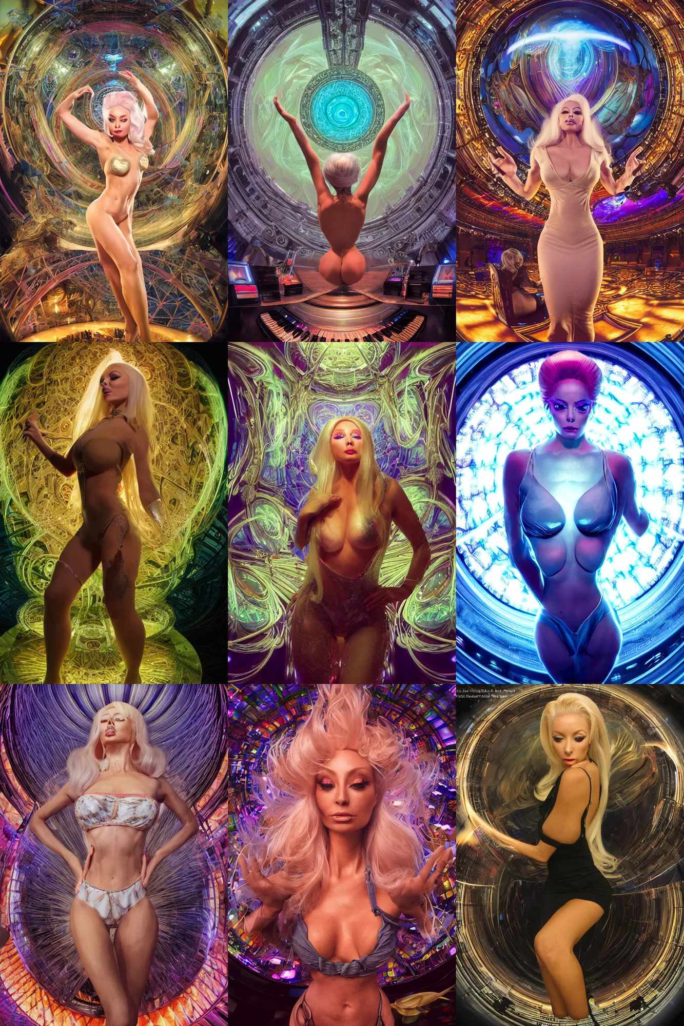 Prompt: a fisheye lens photo of a isabelledeltore as dj tweaking and playing synthesizers in the most complicated and technical spiral fractal musical studio, powerful, cinematic, beautifully lit, by donato giancola, by artgerm, by karol bak, 3 d, perfect face and body, trending on artstation, octane render, 8 k