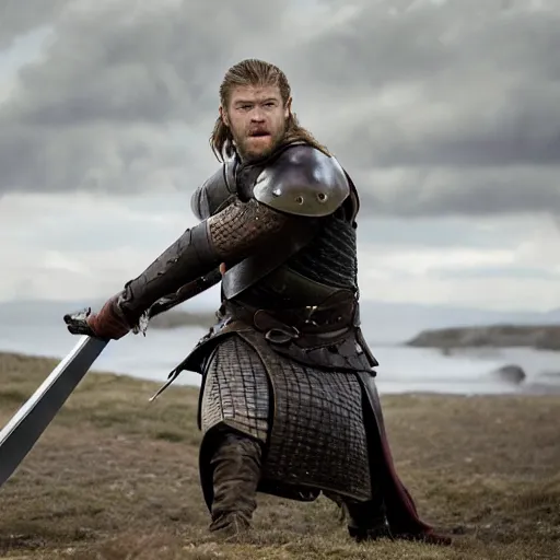 Prompt: medieval fantasy head and shoulders action photo from game of thrones of chris hemsworth as a dueling swashbuckler with a sword, photo by philip - daniel ducasse and yasuhiro wakabayashi and jody rogac and roger deakins