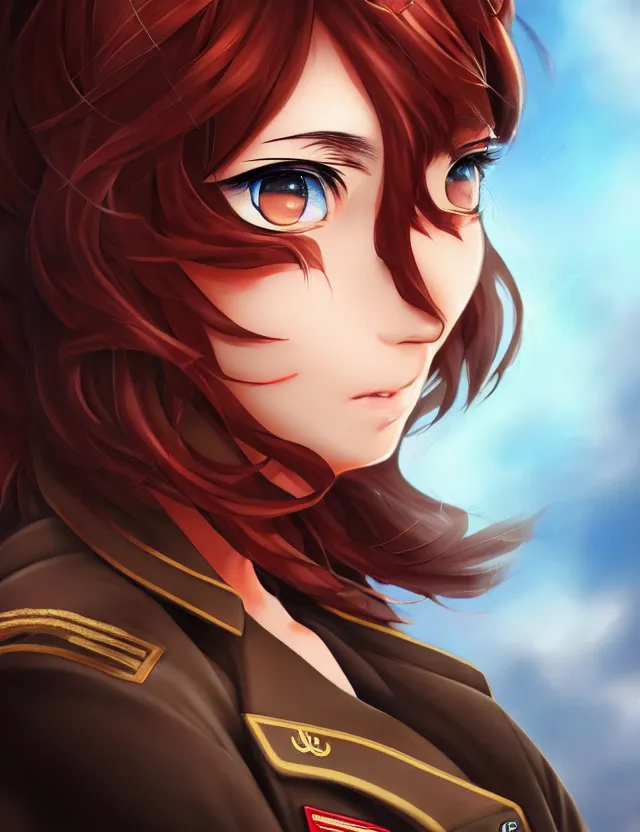 Image similar to a detailed manga portrait of a beautiful brown haired woman in a military uniform glowing with swirling red energy, trending on artstation, digital art, 4 k resolution, detailed, high quality, sharp focus, hq artwork, coherent, insane detail, character portrait