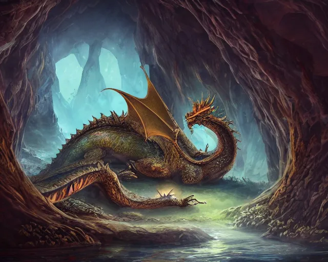 Prompt: Giant Dragon resting in a cave, natural light, dead plants and flowers, elegant, intricate, fantasy, atmospheric lighting, by Peter Morhbacher, anime styled art, HD, highly detailed
