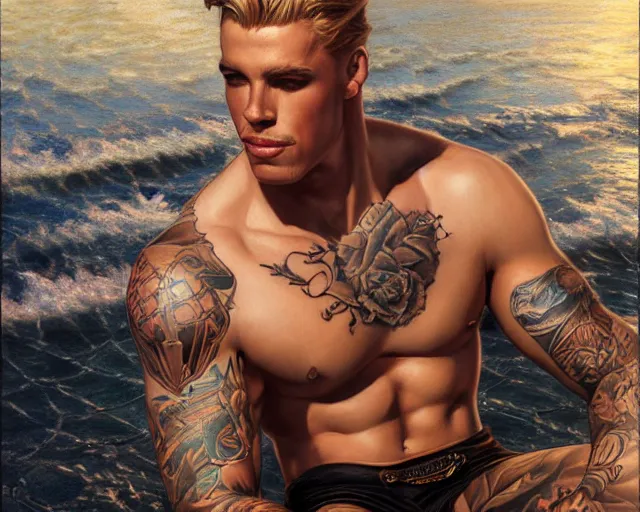 Image similar to handsome tattooed blonde gym bro by the water, steampunk painting by artgerm, gaston bussiere, craig mullins, j. c. leyendecker, tom of finland