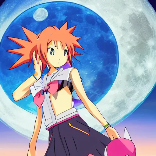 Prompt: sakuyamon from Digimon Tamers in front of the moon by a beautiful lake, sakura petals around her, night time, anime, key art, promo art, Digimon