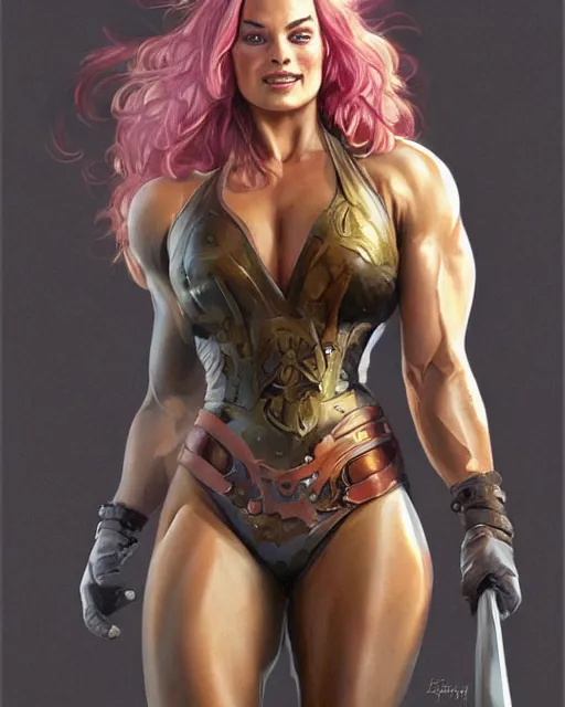 Image similar to full figure ultra realistic illustration, margot robbie as thick female bodybuilder witch zarya from overwatch smiling with closed eyes, intricate, elegant, highly detailed, digital painting, artstation, concept art, smooth, sharp focus, illustration, art by artgerm and greg rutkowski and alphonse mucha