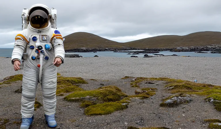 Image similar to tourist astronaut in sci-fi suit, standing in the Isle of Harris, Scotland, a futuristic space caravan in the background, wide angle lens, photorealistic