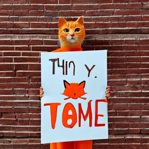 Image similar to cute orange tabby cat holding a sign that says