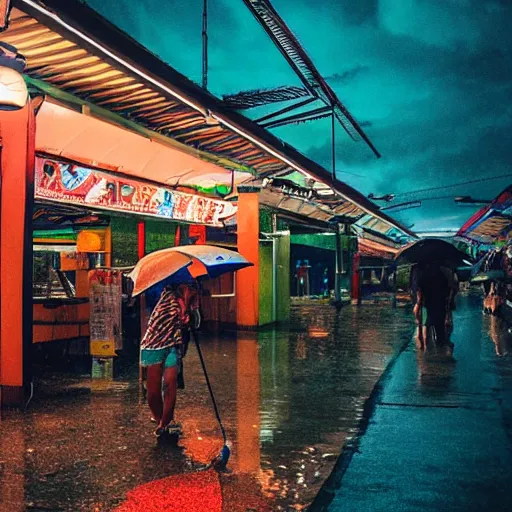 Prompt: A rainy night outside a Singaporean hawker centre, award-winning photography, cinematic lighting