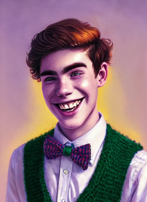 Image similar to portrait of teenage archie andrews, freckles, curly middle part haircut, curly hair, middle part hairstyle, smiling kindly, wearing a bowtie and sweater vest, intricate, elegant, glowing lights, highly detailed, digital painting, artstation, concept art, smooth, sharp focus, illustration, art by wlop, mars ravelo and greg rutkowski