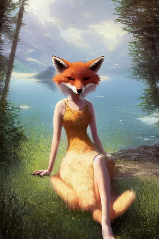 Image similar to an anthropomorphic fox girl wearing a simple sundress, she has a fluffy tail and two pointed ears, beautiful lake background, illustration by greg rutkowski, thomas kindkade, loish, artstation, furaffinity, deviantart