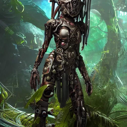 Image similar to mystical evil scifi cyborg android queen with obsidian eyes, wearing an elaborate medieval helmet, in a jungle of subsurface wax tendril leaves, volumetric lighting, realistic concept art, octane render, 8 k, unreal engine, art by todd mcfarlane and artgerm and greg rutkowski and alphonse mucha