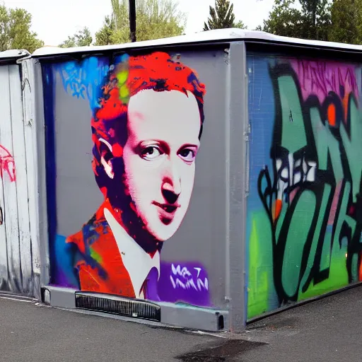 Image similar to mark zuckerburg huffing paint behind graffiti dumpster