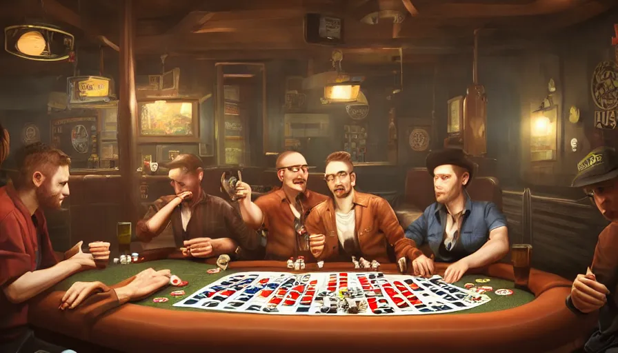 Prompt: poker night pub, very detailed, octane render, 4 k, trending on artstation