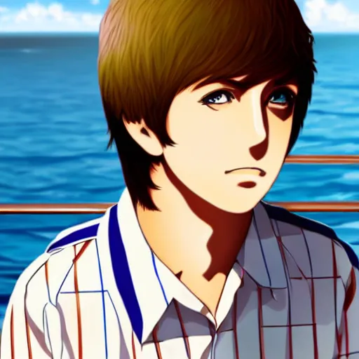 Image similar to anime illustration of young Paul McCartney from the Beatles, wearing a blue and white check shirt and watch, relaxing on a yacht at sea, screenshot from Your Name (2016)