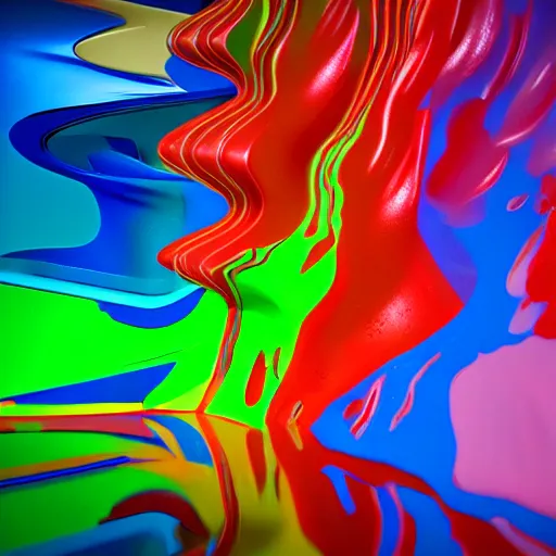 Image similar to : colorful abstract fluid sculpture art on the wall in modern architecture studio, cinematic lighting, hyper - realistic, detailed, render by c 4 d octane, unreal engine, 8 k 3 d render