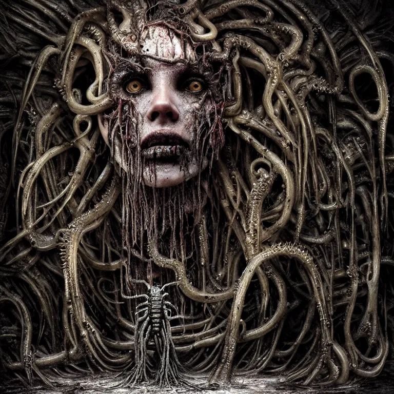 Prompt: ribbed abandoned melting surreal dripping robot face portrait by Giger, covered with tentacles, spines, roots and organic rotten flesh meat, baroque painting, standing in a desolate empty wasteland, creepy, nightmare, dream-like heavy atmosphere, surreal abandoned buildings, beautiful detailed intricate insanely detailed octane render trending on Artstation, 8K artistic photography, photorealistic, chiaroscuro, Raphael, Caravaggio, Beksinski, Giger, BW