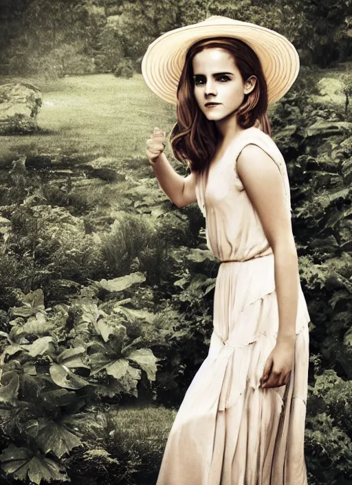 Image similar to Emma Watson for Victorian Secret, summertime, full length shot, XF IQ4, 150MP, 50mm, f/1.4, ISO 200, 1/160s, natural light, Adobe Photoshop, Adobe Lightroom, DxO Photolab, Corel PaintShop Pro, rule of thirds, symmetrical balance, depth layering, polarizing filter, Sense of Depth, AI enhanced